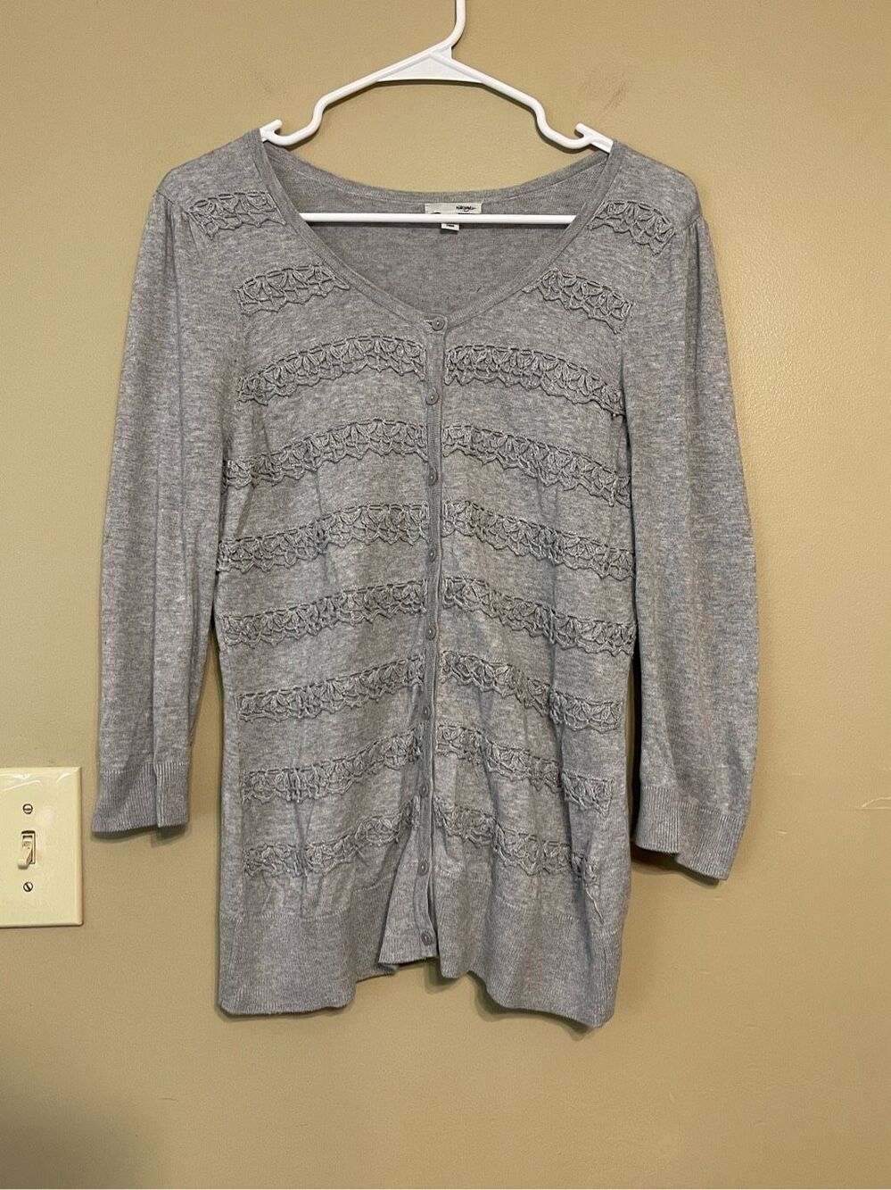 Halogen Womens Grey Silver Beaded Cotton Button up Cardigan Large